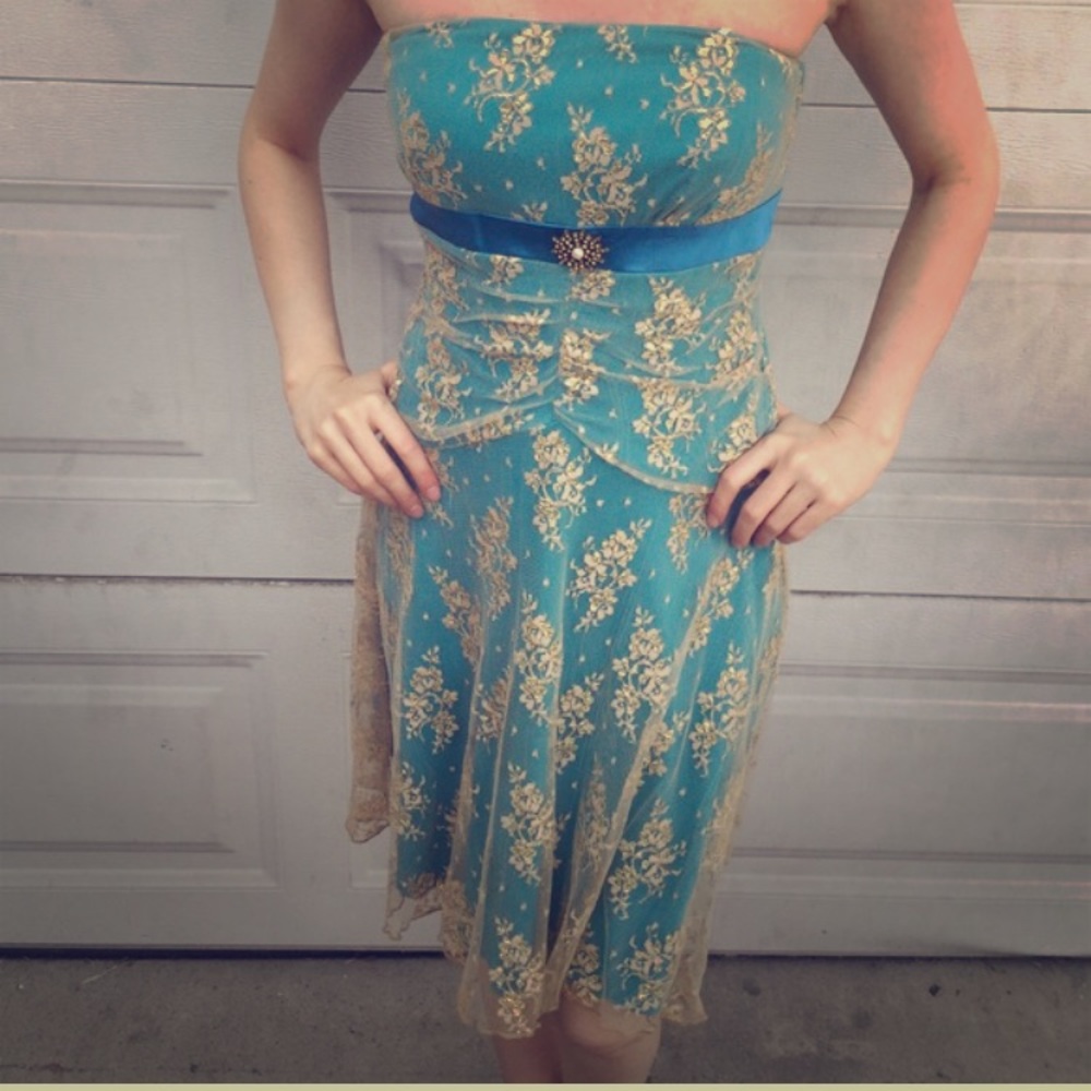 *SOLD* Windsor strapless turquoise&  gold dress